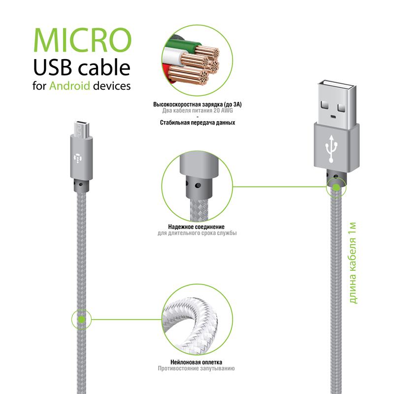 Кабель Intaleo CBGNYM1 USB - micro USB (M/M), 1 м, Grey (1283126477676) | ARAGO