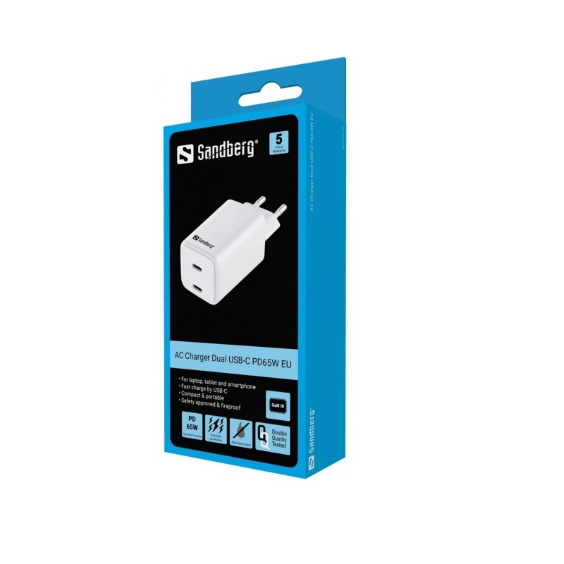 Сетевое зарядное устройство Sandberg 65W (2xUSB-C) White (441-56) | ARAGO