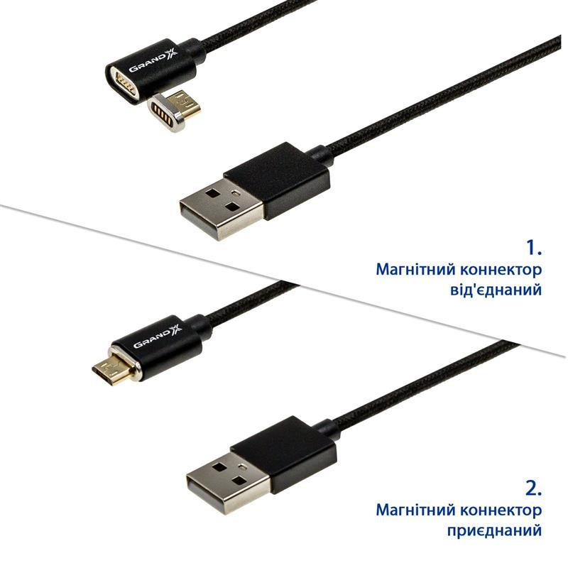 Кабель Grand-X USB - micro USB (M/M), магнитный, 1 м, Black (MG-01M) | ARAGO