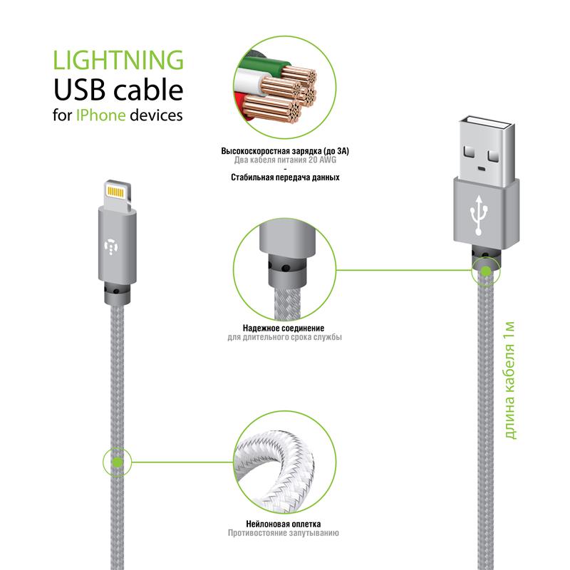 Кабель Intaleo CBGNYL1 USB - Lightning (M/M), 1 м, Grey (1283126477652) | ARAGO