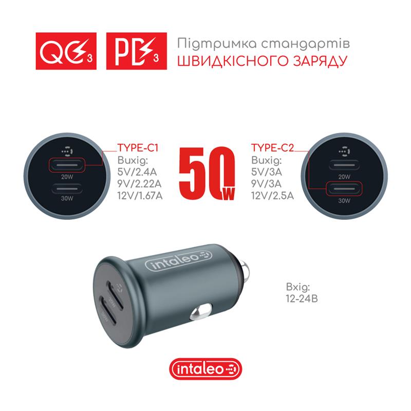 Автомобільний зарядний пристрій Intaleo CCGQPD250 (2USB, 3A) Grey (1283126559518) | ARAGO