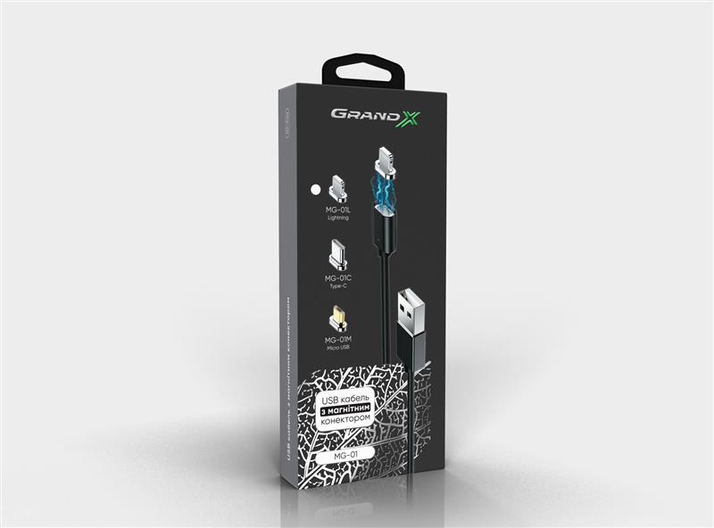 Кабель Grand-X USB - Lightning (M/M), магнітний, 1 м, Black (MG-01L) | ARAGO