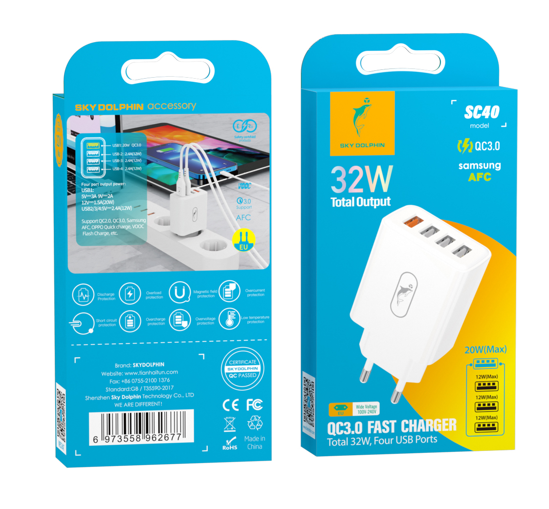 Мережевий зарядний пристрій SkyDolphin SC40 (4USBx2.4A) White (MZP-000186) | ARAGO